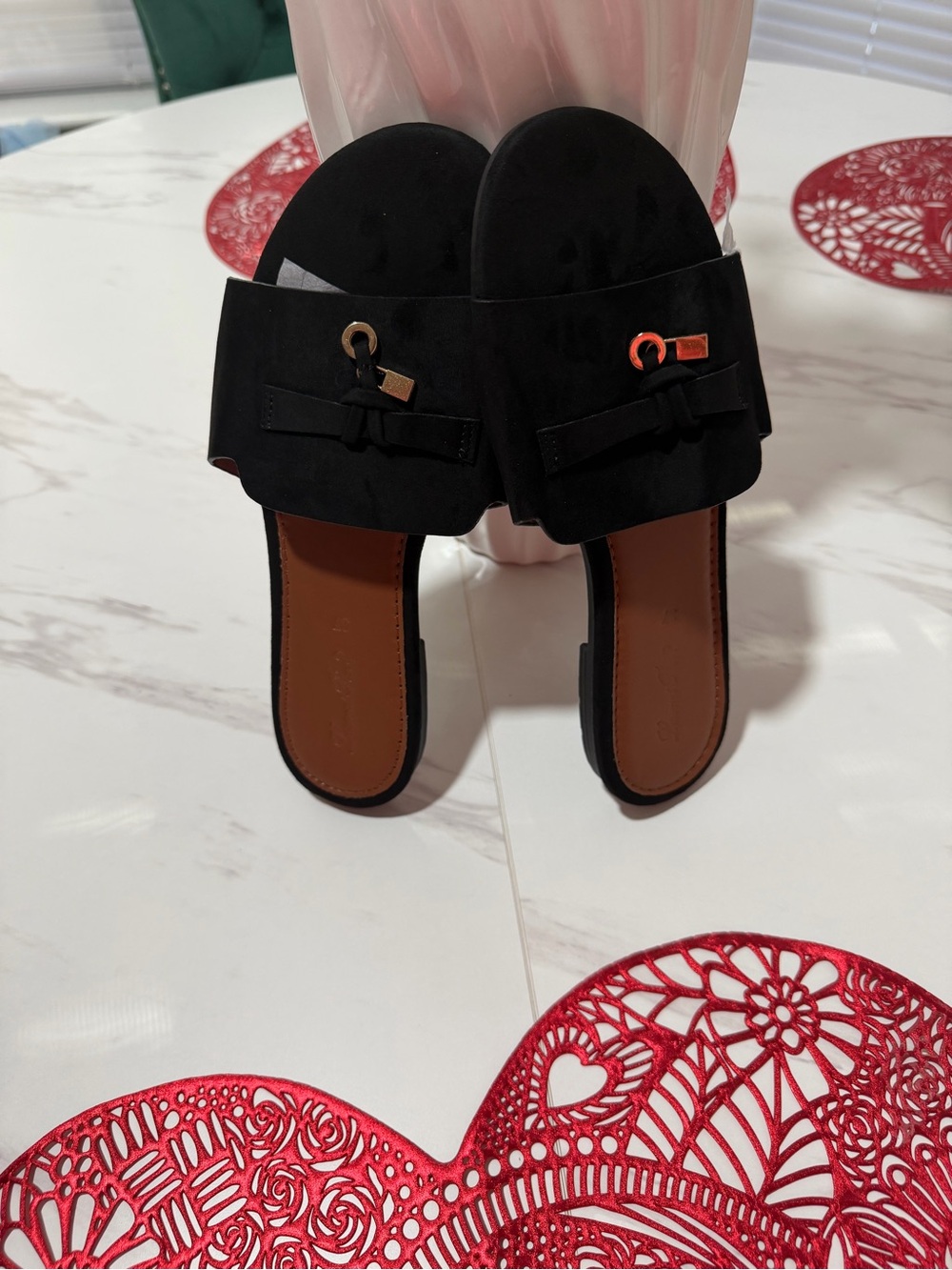 Black Slide Sandals with Bow Accent